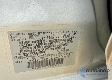 2020 Nissan Versa Sv z USA, uszkodzony, nr VIN 3N1CN8EV9LL873984